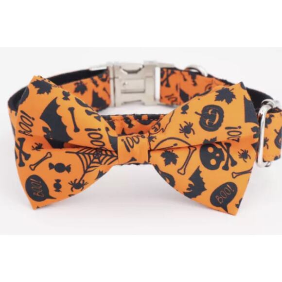 Halloween Dog Collar w/ Removable Cute Bow Tie Pumpkin Print New Size M - Picture 1 of 4